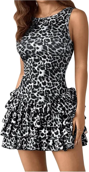 Women's Leopard Print Ruffled Trim Tiered Layer Mini Dress Crew Neck Sleeveless Tank Dresses