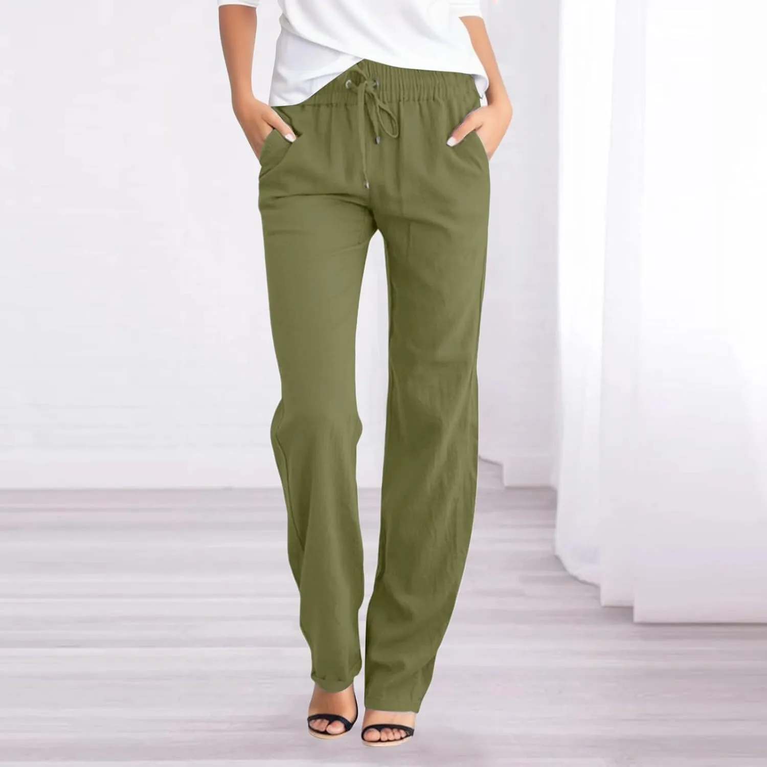 Women's Linen Summer Boho Pant Trousers Elastic Waisted Bootcut Slim Fit Pant Trousers Work Business