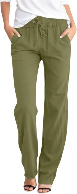 Women's Linen Summer Boho Pant Trousers Elastic Waisted Bootcut Slim Fit Pant Trousers Work Business