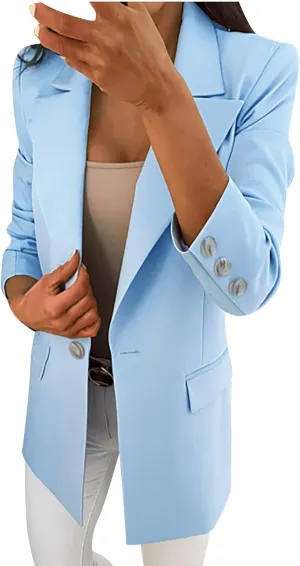 Womens Long Sleeve Blazers Single Breasted Coat Solid Turn Down Collar Jacket Spring Fall Work Outerwear