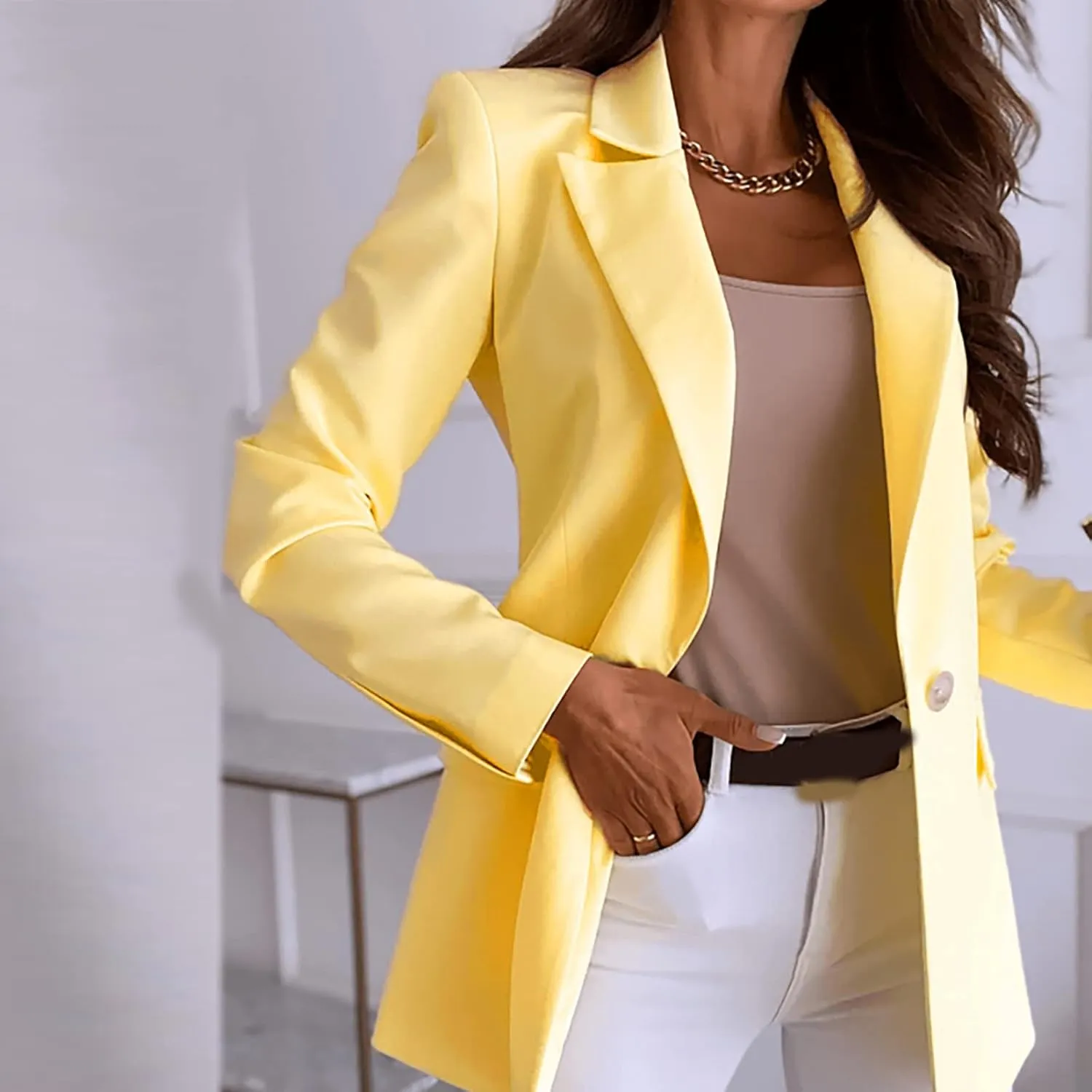Womens Long Sleeve Blazers Single Breasted Coat Solid Turn Down Collar Jacket Spring Fall Work Outerwear