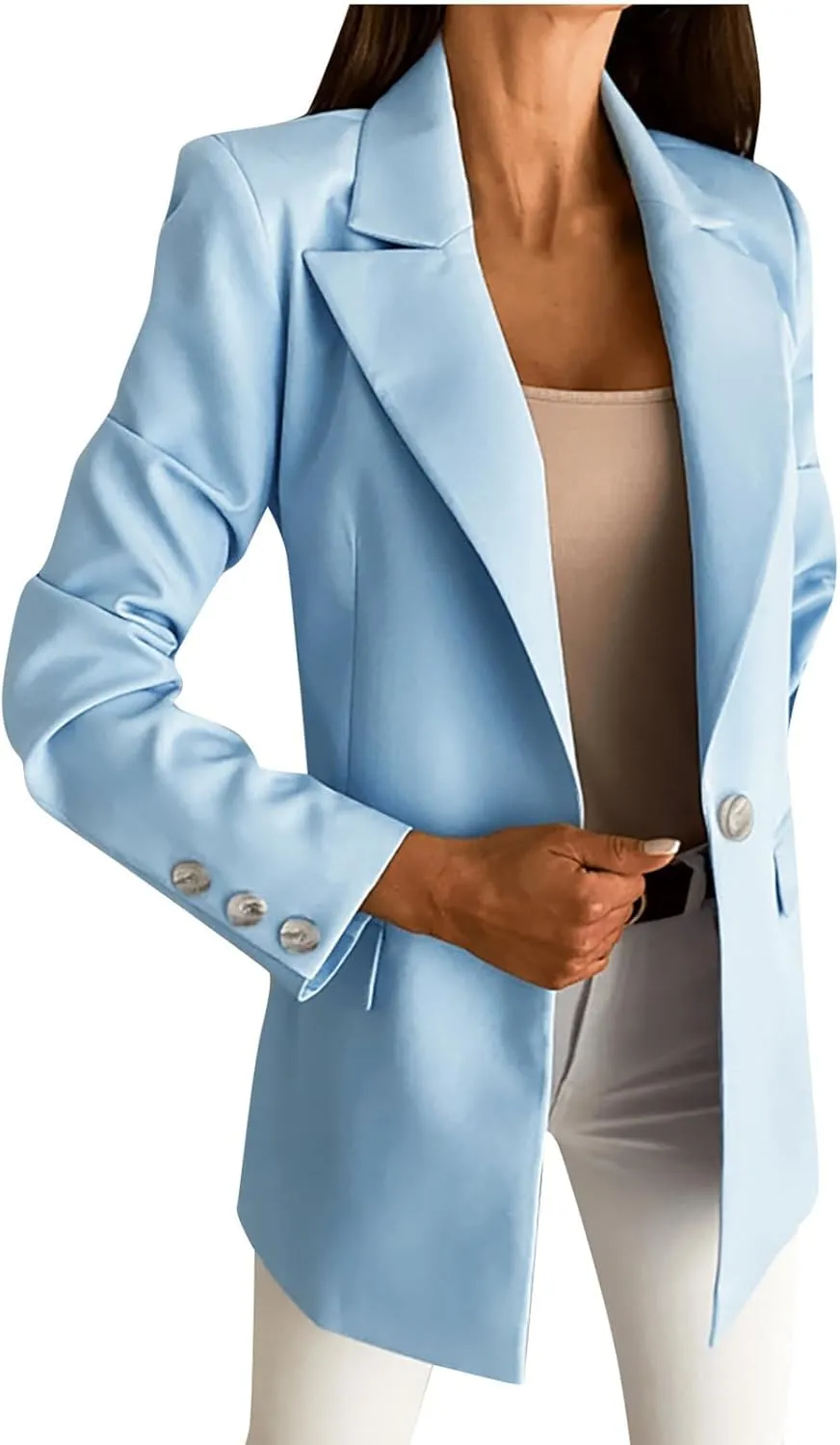 Womens Long Sleeve Blazers Single Breasted Coat Solid Turn Down Collar Jacket Spring Fall Work Outerwear