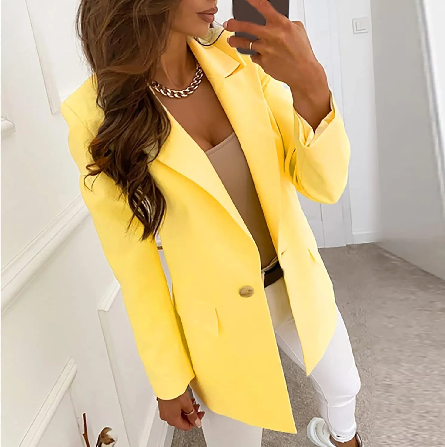 Womens Long Sleeve Blazers Single Breasted Coat Solid Turn Down Collar Jacket Spring Fall Work Outerwear