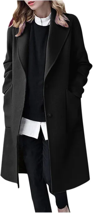 Women's Notched Lapel Wool Coats Mid Long Button Pea Coats Warm Thicken Single Breasted Trench Jacket Winter Overcoat