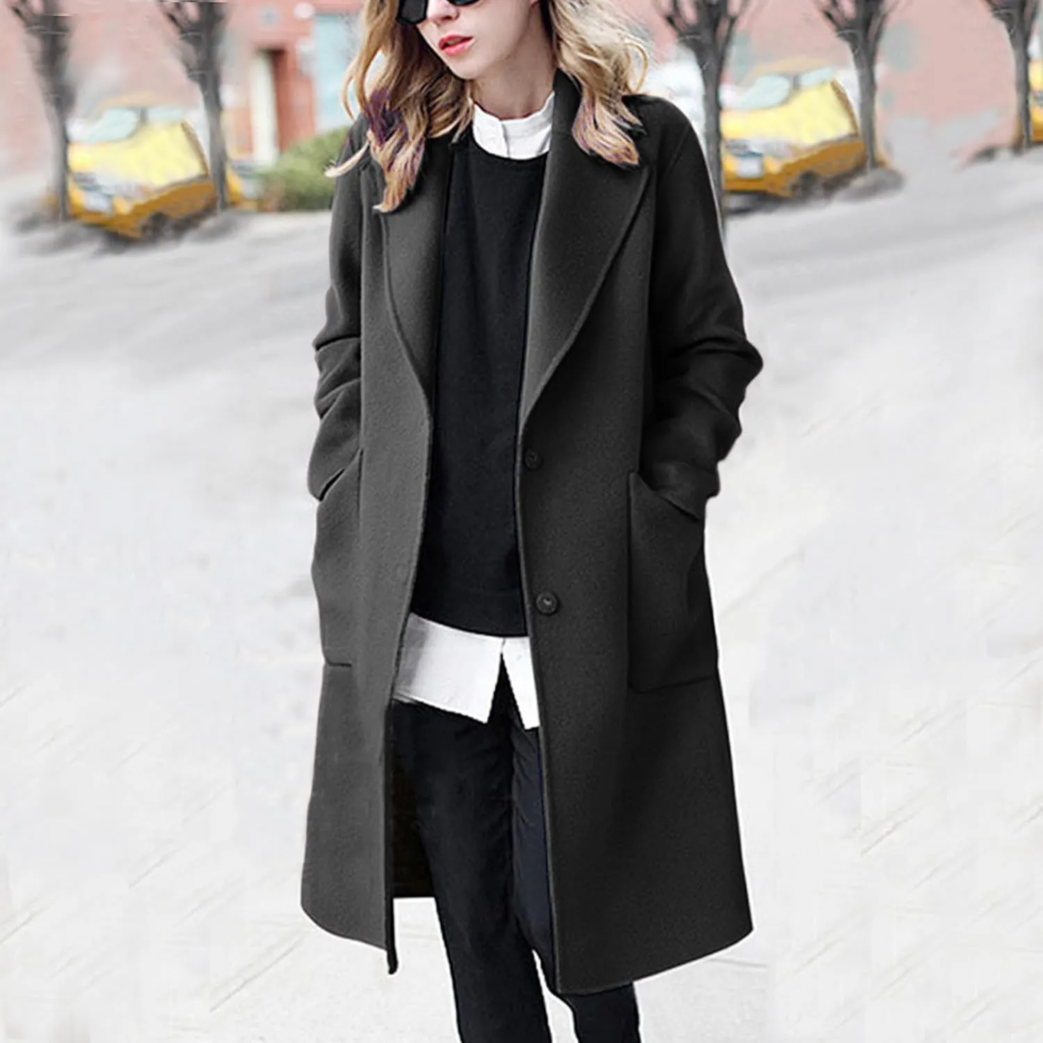 Women's Notched Lapel Wool Coats Mid Long Button Pea Coats Warm Thicken Single Breasted Trench Jacket Winter Overcoat