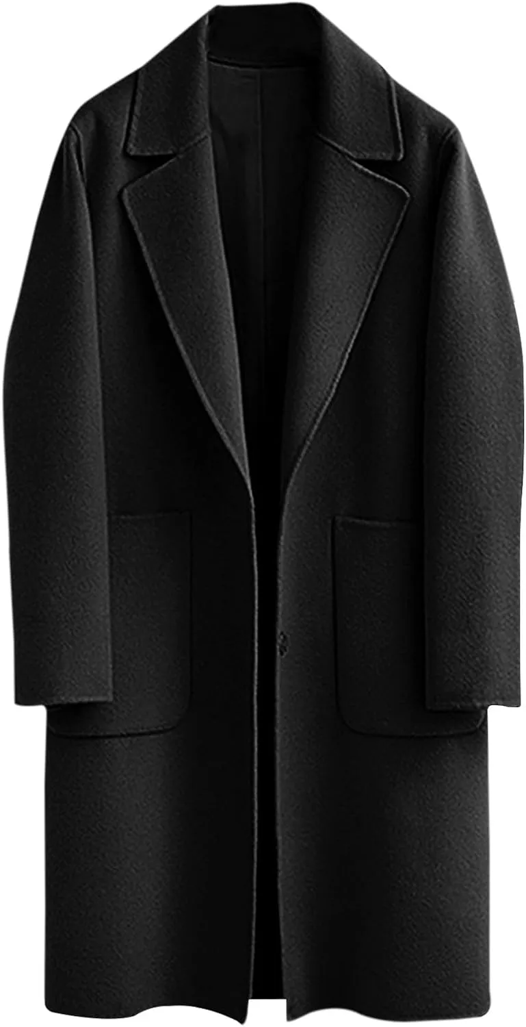 Women's Notched Lapel Wool Coats Mid Long Button Pea Coats Warm Thicken Single Breasted Trench Jacket Winter Overcoat