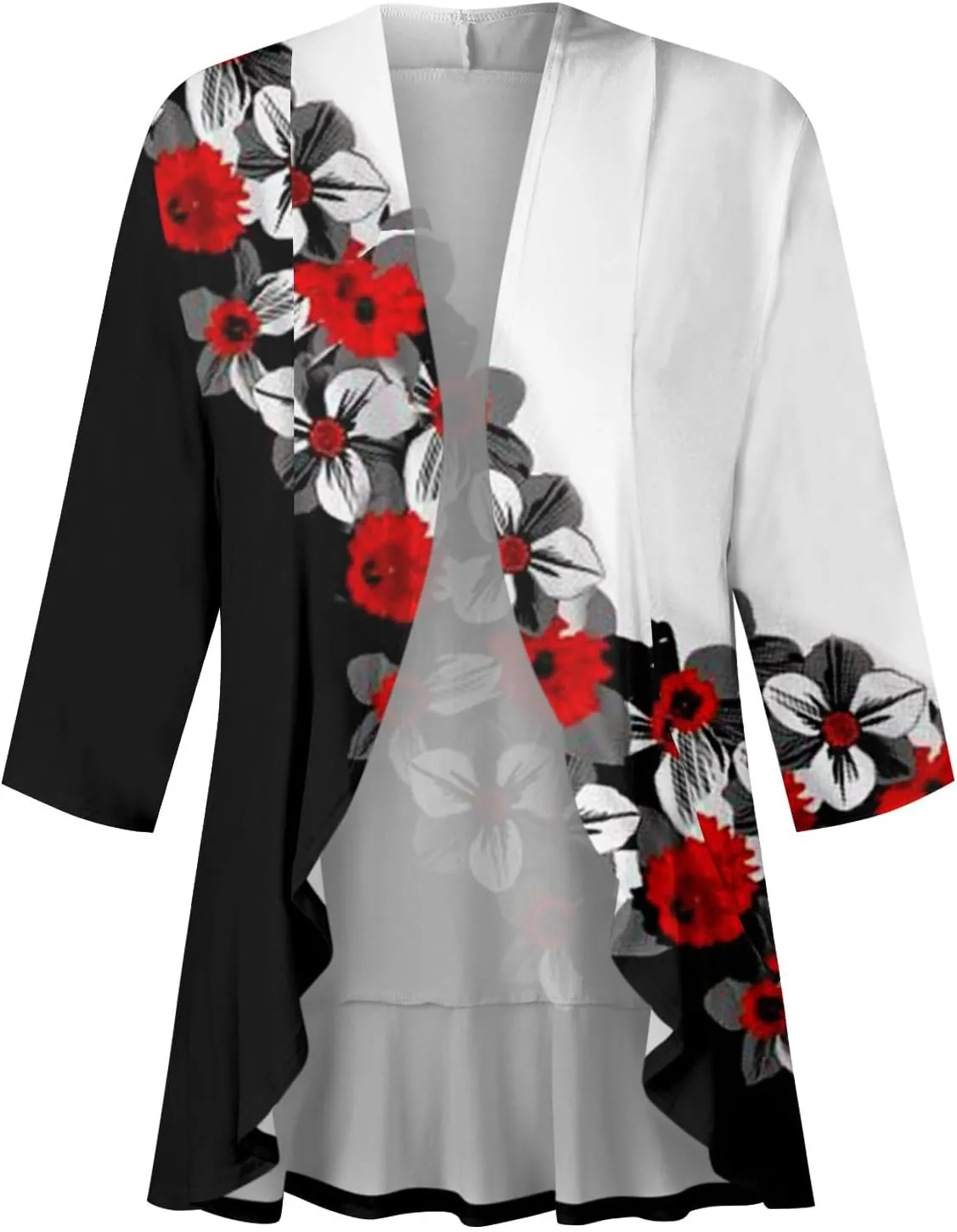 Women's Open Front Cardigan 3/4 Sleeve Draped Ruffles Soft Knit Sweaters