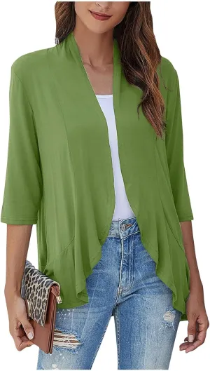 Women's Open Front Cardigan 3/4 Sleeve Draped Ruffles Soft Knit Sweaters