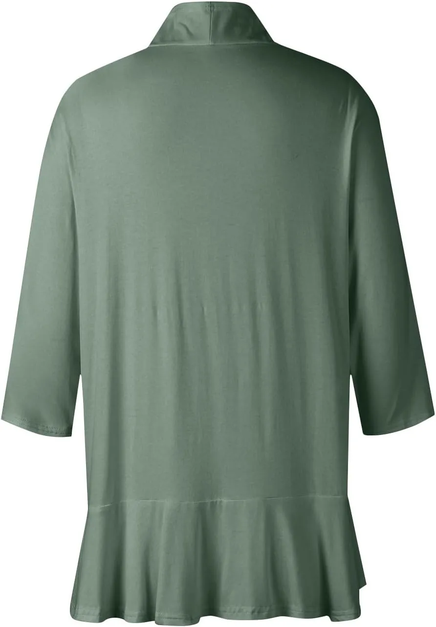 Women's Open Front Cardigan 3/4 Sleeve Draped Ruffles Soft Knit Sweaters