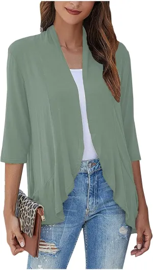 Women's Open Front Cardigan 3/4 Sleeve Draped Ruffles Soft Knit Sweaters