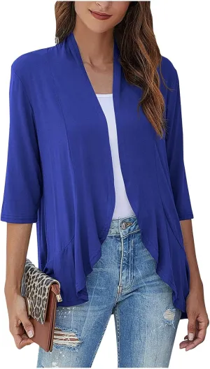 Women's Open Front Cardigan 3/4 Sleeve Draped Ruffles Soft Knit Sweaters