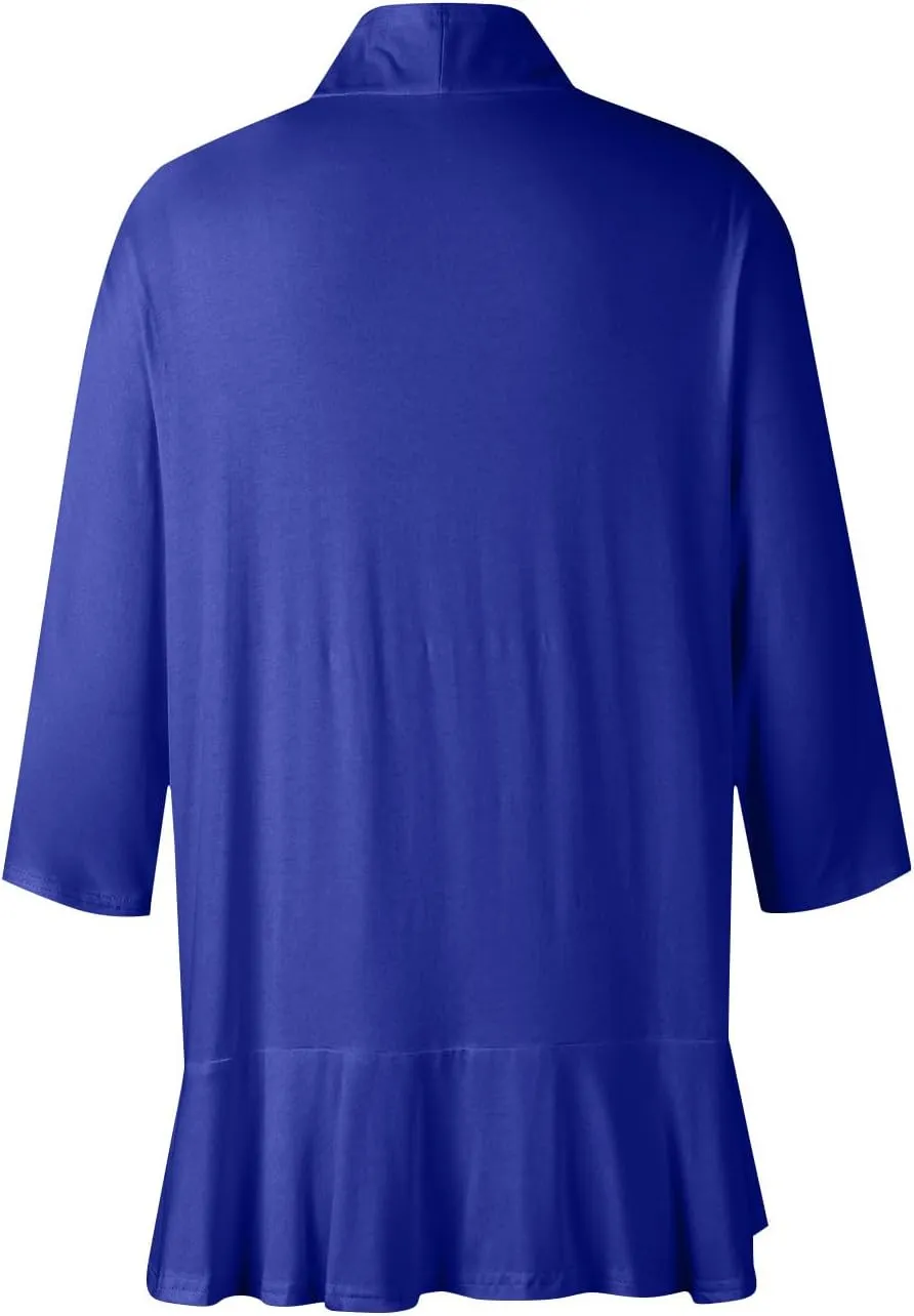 Women's Open Front Cardigan 3/4 Sleeve Draped Ruffles Soft Knit Sweaters