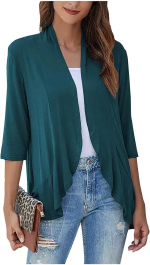 Women's Open Front Cardigan 3/4 Sleeve Draped Ruffles Soft Knit Sweaters