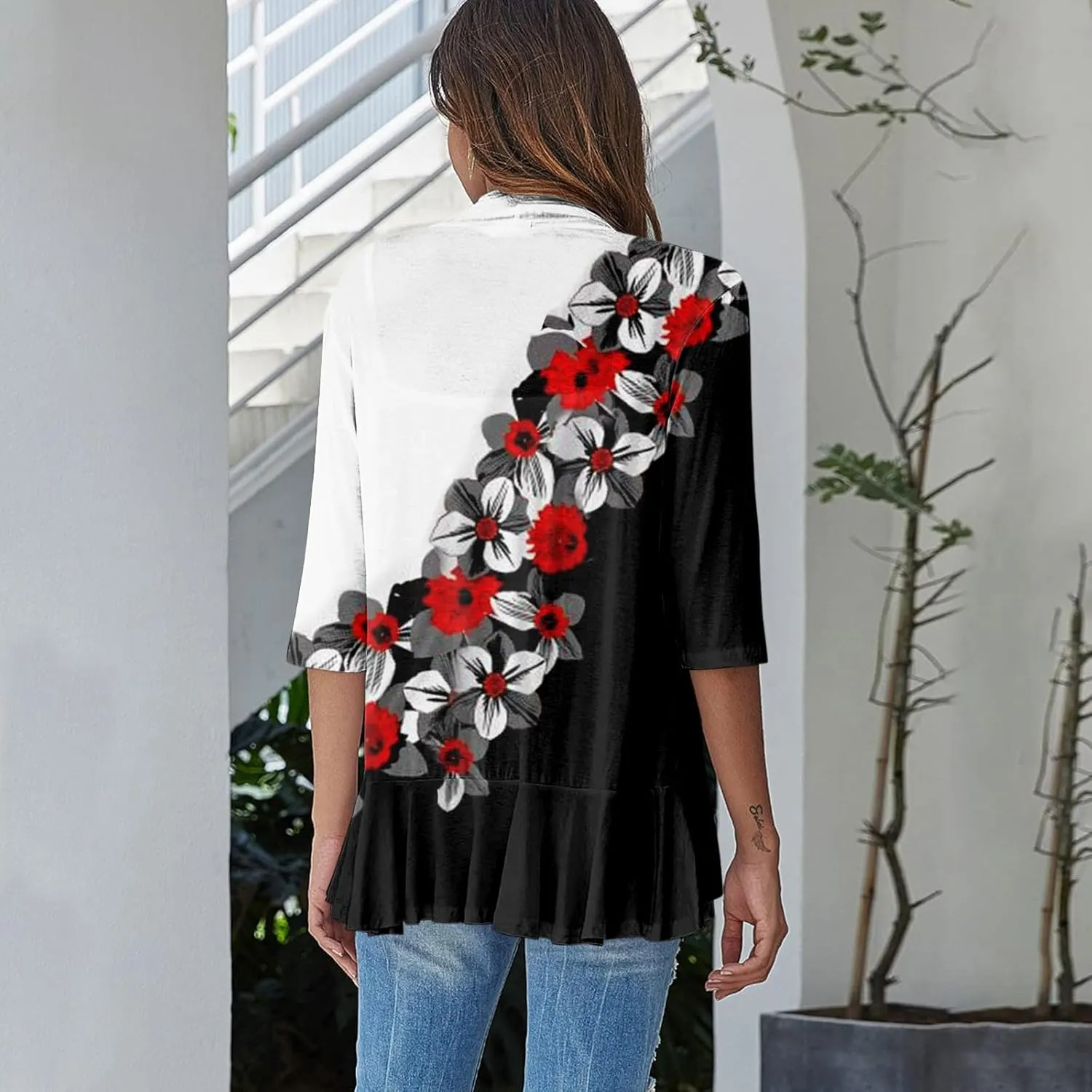 Women's Open Front Cardigan 3/4 Sleeve Draped Ruffles Soft Knit Sweaters