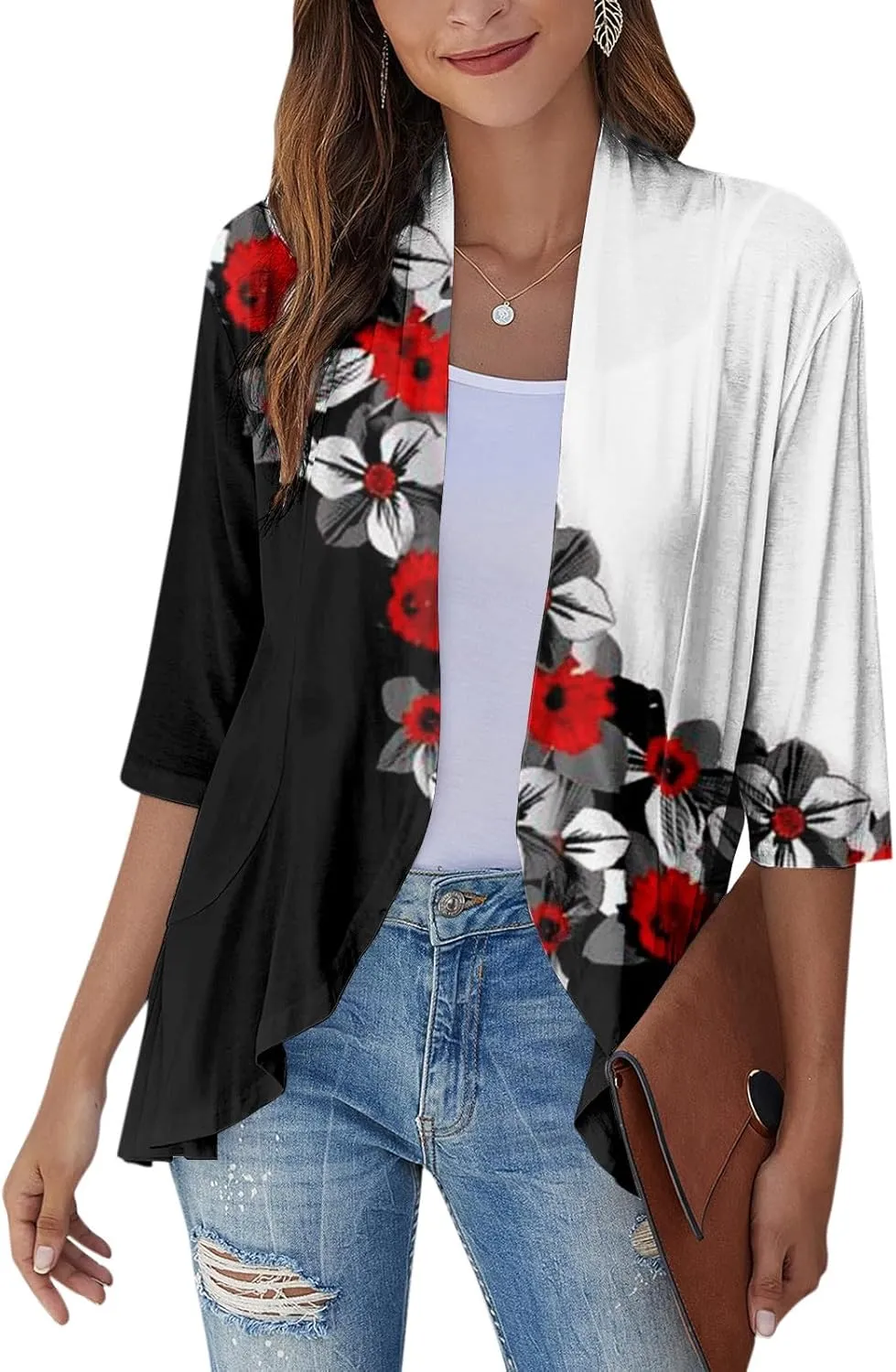 Women's Open Front Cardigan 3/4 Sleeve Draped Ruffles Soft Knit Sweaters
