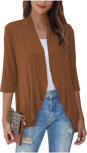 Women's Open Front Cardigan 3/4 Sleeve Draped Ruffles Soft Knit Sweaters