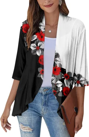 Women's Open Front Cardigan 3/4 Sleeve Draped Ruffles Soft Knit Sweaters