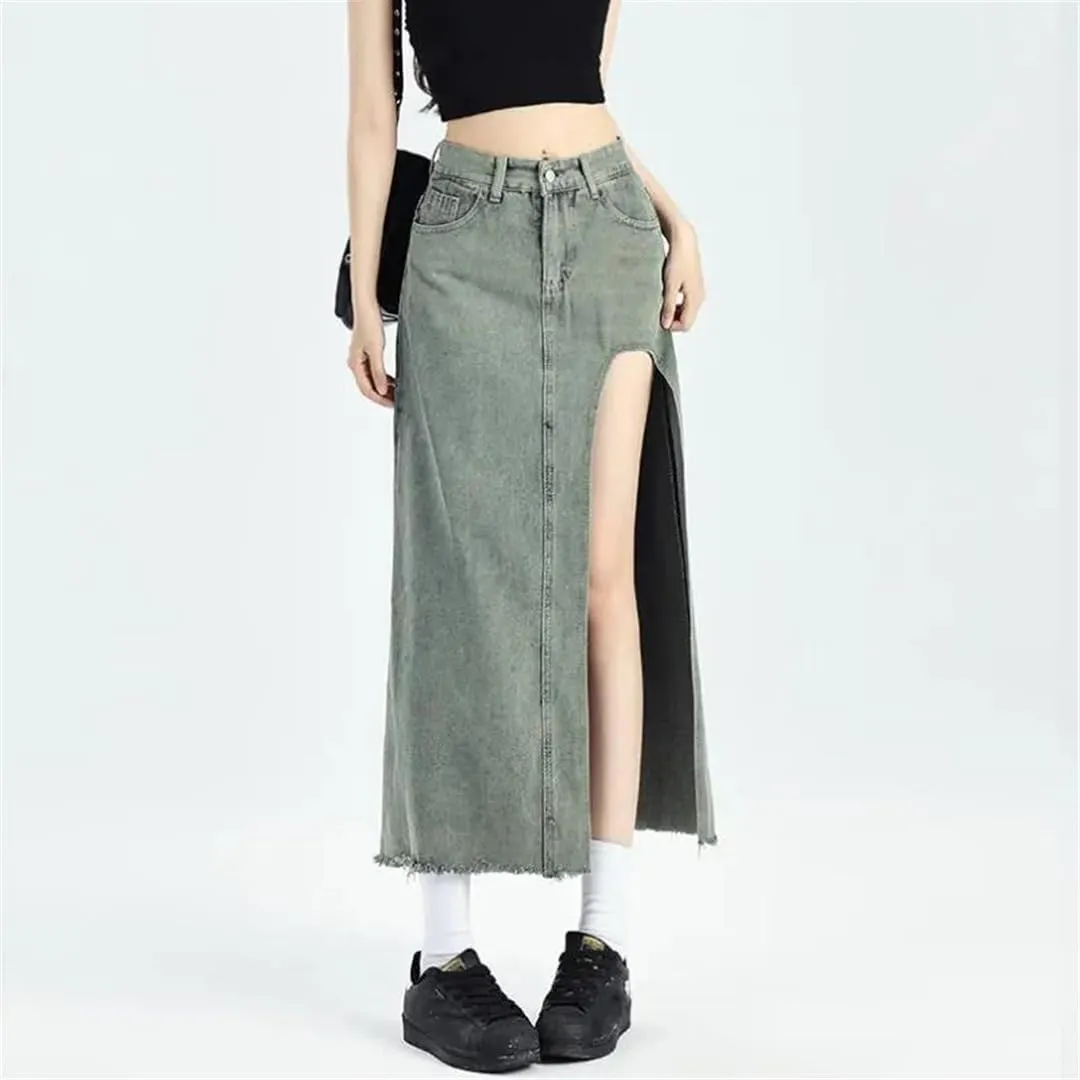 Women's Retro A-Line Denim Skirt High-Waisted Slit Mid Length Skirt Street Style Slim Skirt
