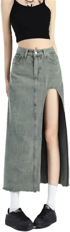 Women's Retro A-Line Denim Skirt High-Waisted Slit Mid Length Skirt Street Style Slim Skirt