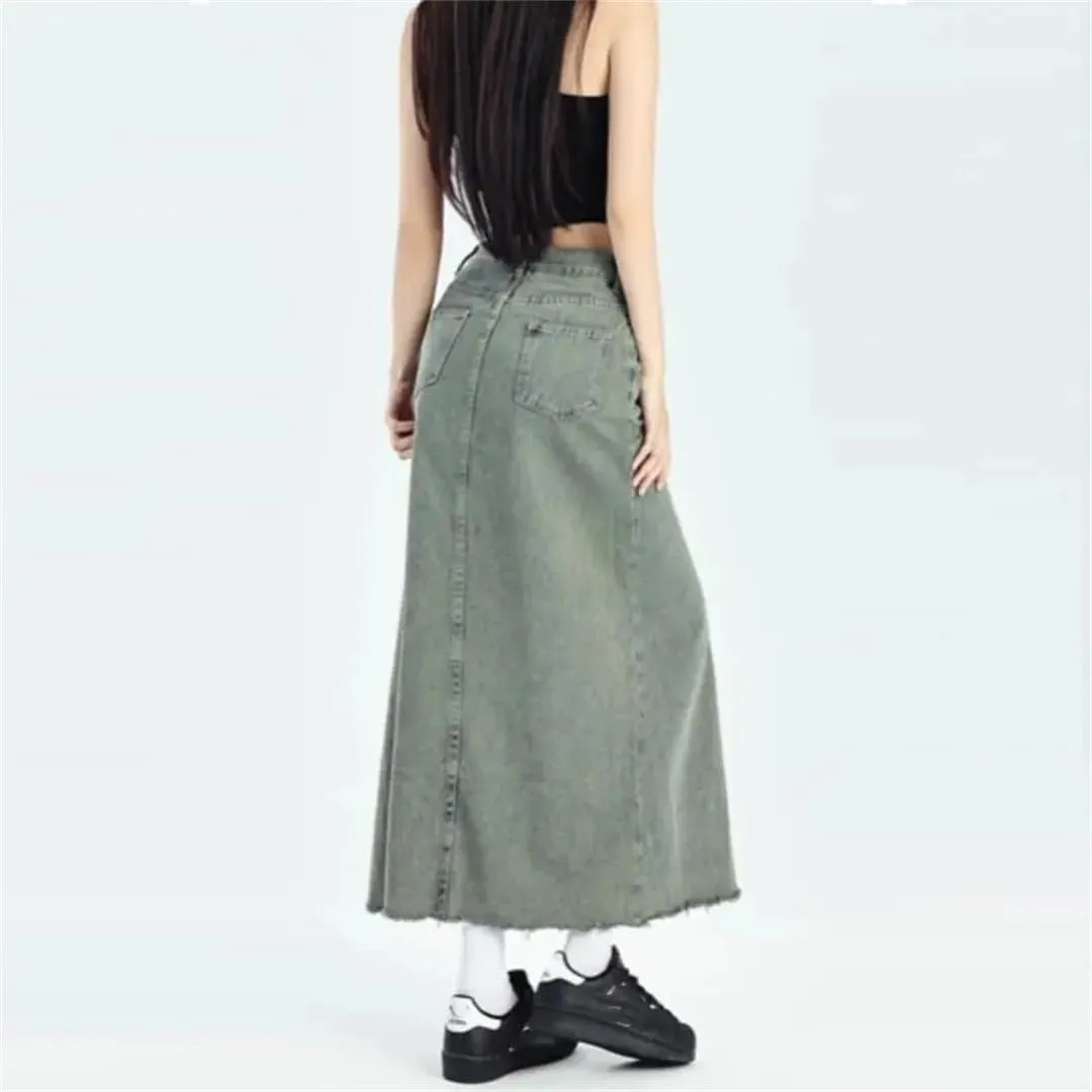 Women's Retro A-Line Denim Skirt High-Waisted Slit Mid Length Skirt Street Style Slim Skirt