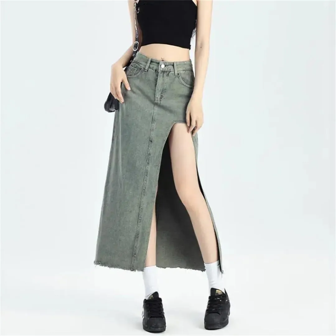 Women's Retro A-Line Denim Skirt High-Waisted Slit Mid Length Skirt Street Style Slim Skirt