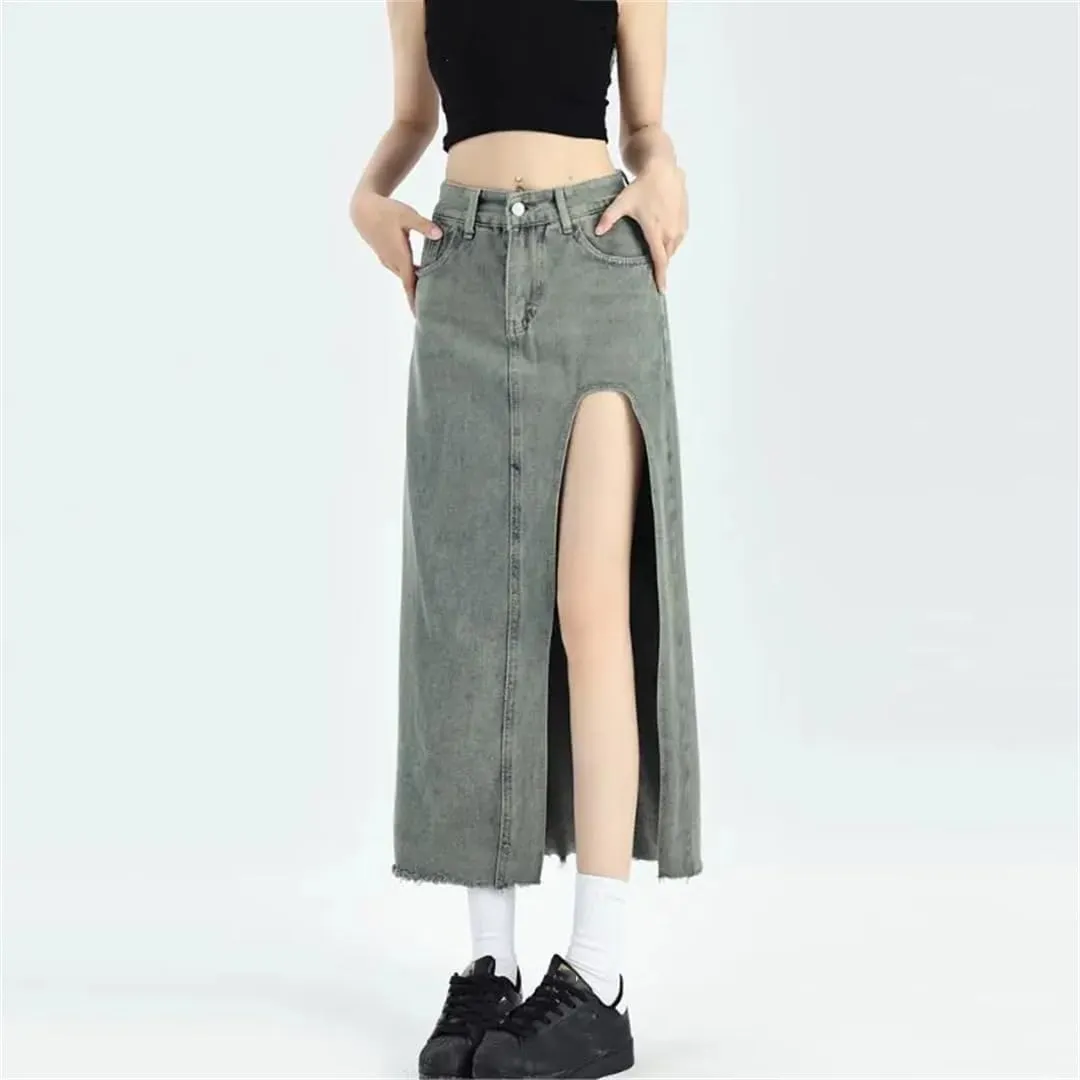 Women's Retro A-Line Denim Skirt High-Waisted Slit Mid Length Skirt Street Style Slim Skirt