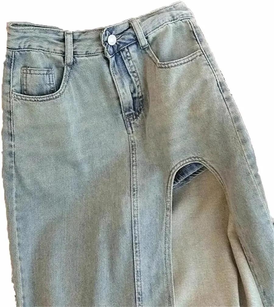Women's Retro A-Line Denim Skirt High-Waisted Slit Mid Length Skirt Street Style Slim Skirt