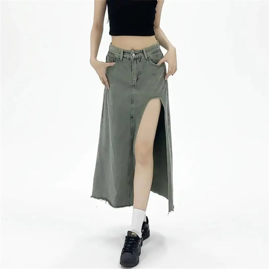 Women's Retro A-Line Denim Skirt High-Waisted Slit Mid Length Skirt Street Style Slim Skirt