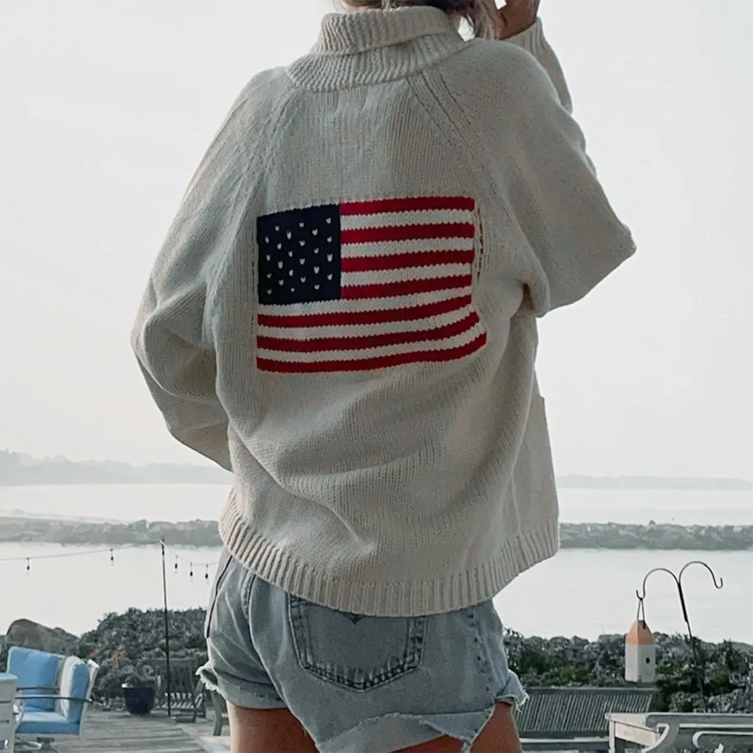 Women's Shawl Collar Cardigan Y2k Long Sleeve V Neck Flag Print Button Down Sweater Knit Tops Independence Outfit