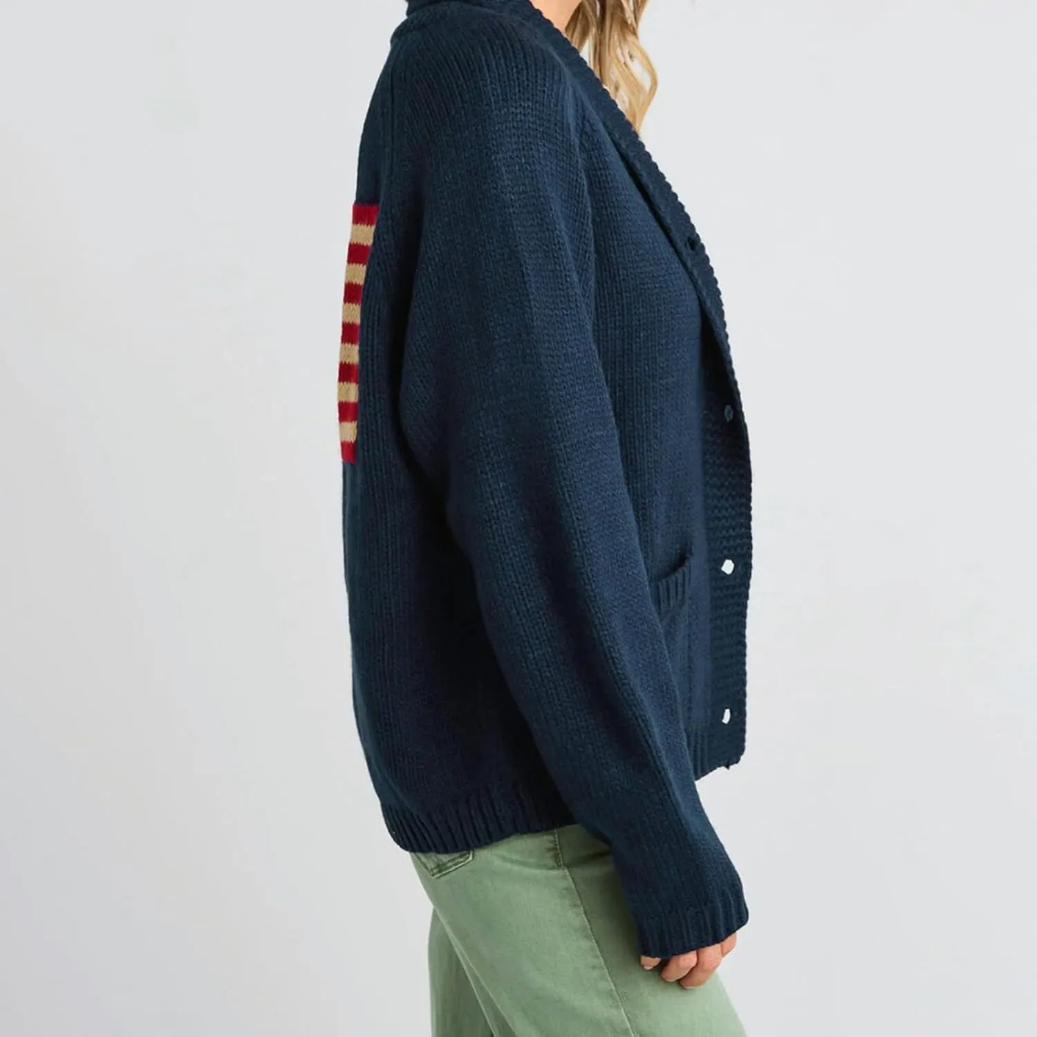 Women's Shawl Collar Cardigan Y2k Long Sleeve V Neck Flag Print Button Down Sweater Knit Tops Independence Outfit