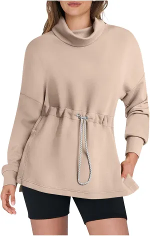 Womens Turtleneck Sweatshirts Long Sleeve Drawstring Waist Pullover Tops Trendy 2024 Fall Hoodies Preppy Outfits