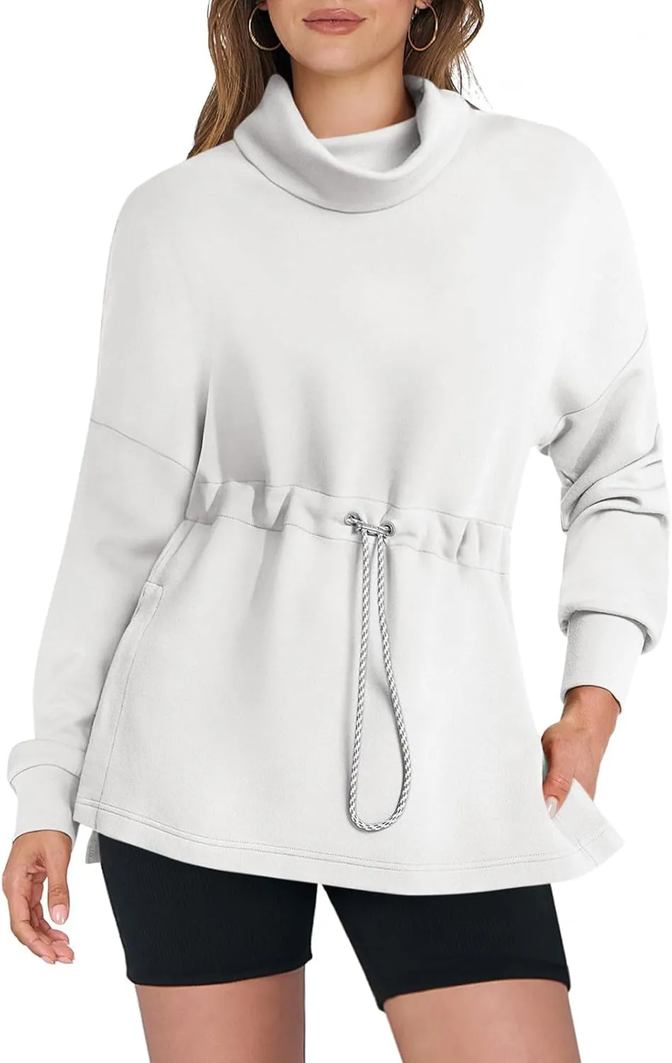 Womens Turtleneck Sweatshirts Long Sleeve Drawstring Waist Pullover Tops Trendy 2024 Fall Hoodies Preppy Outfits