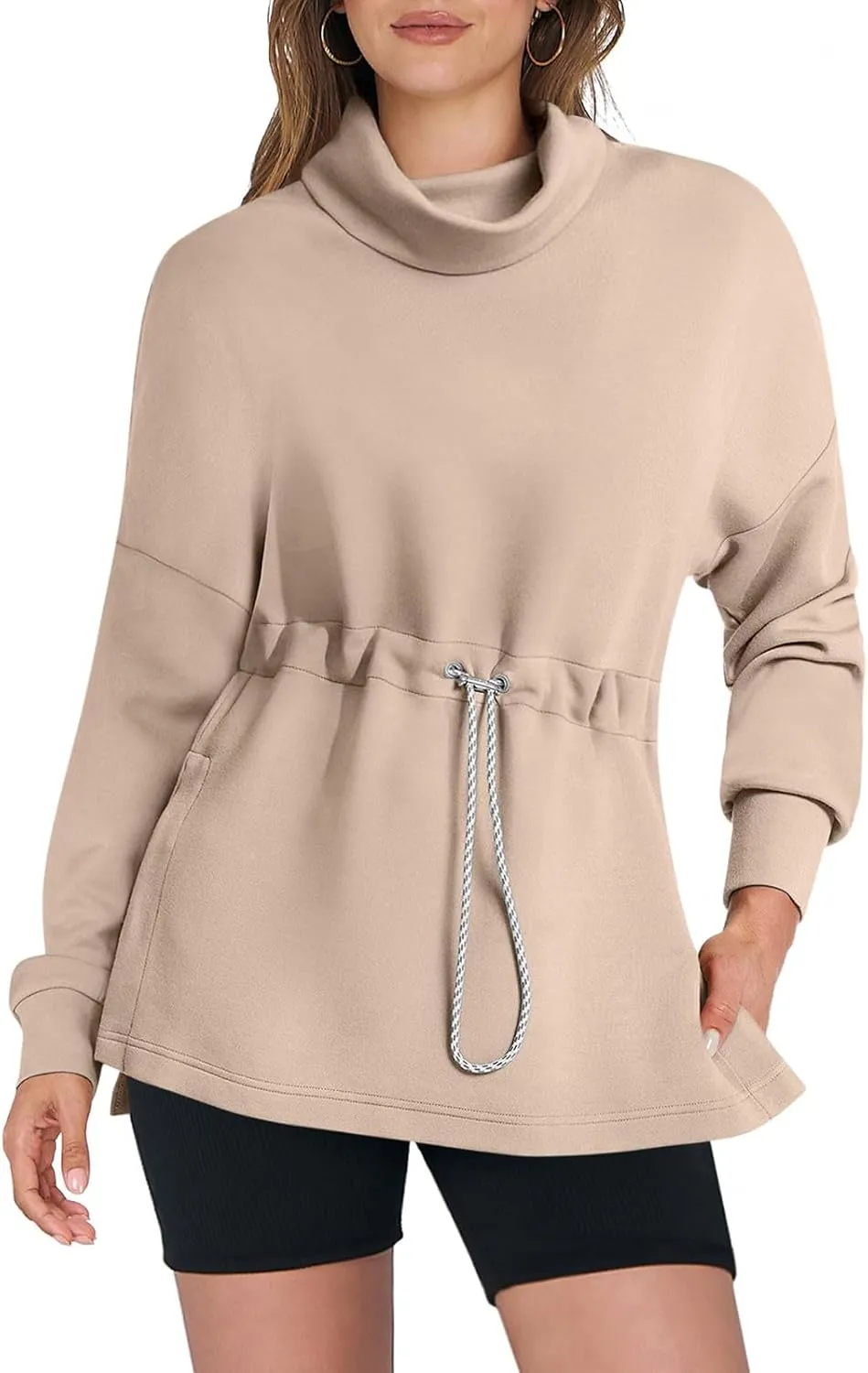 Womens Turtleneck Sweatshirts Long Sleeve Drawstring Waist Pullover Tops Trendy 2024 Fall Hoodies Preppy Outfits