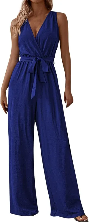 Women's V-Neck Jumpsuit Slimming Elegantes Summer Jumpers 1 Piece Outfits Comfortable Tropical Rompers with Pockets