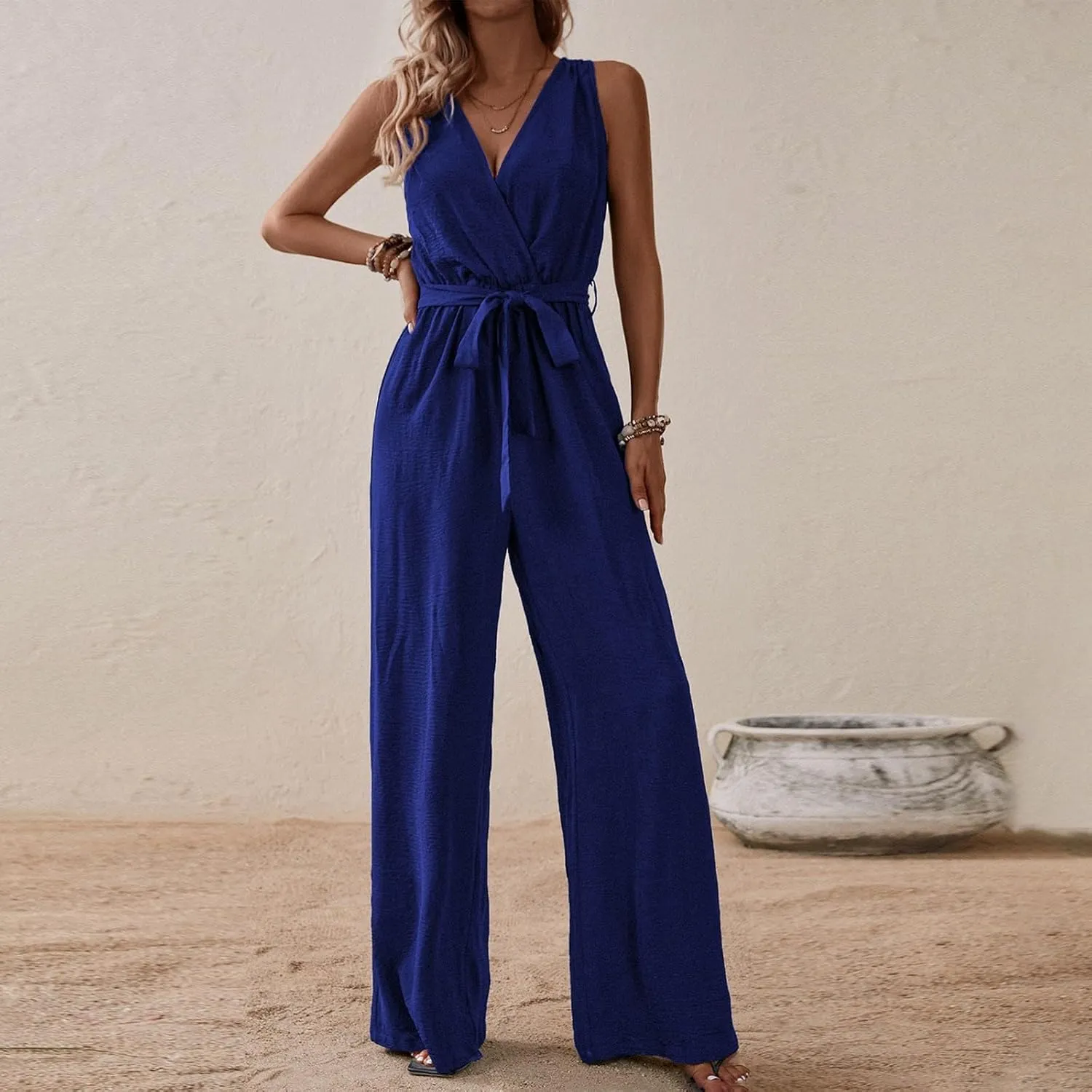 Women's V-Neck Jumpsuit Slimming Elegantes Summer Jumpers 1 Piece Outfits Comfortable Tropical Rompers with Pockets