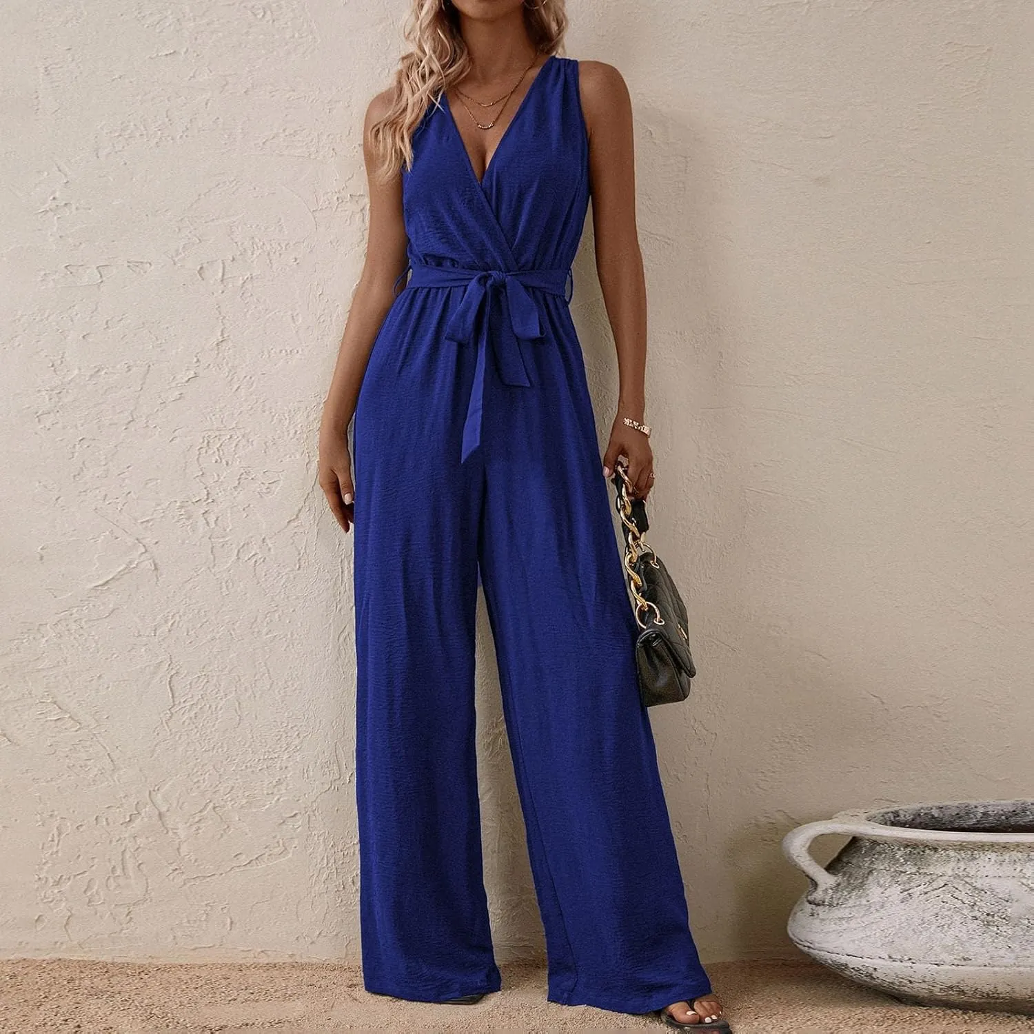 Women's V-Neck Jumpsuit Slimming Elegantes Summer Jumpers 1 Piece Outfits Comfortable Tropical Rompers with Pockets