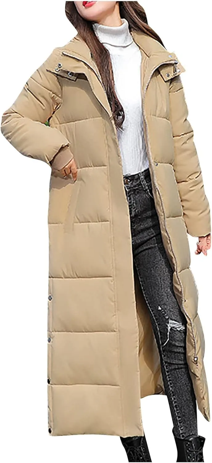 Womens Winter Warm Down Coats Hooded Thicken Elegant Puffer Parkas Maxi Long Zip Jackets Anoraks in Candy Color Multicolor