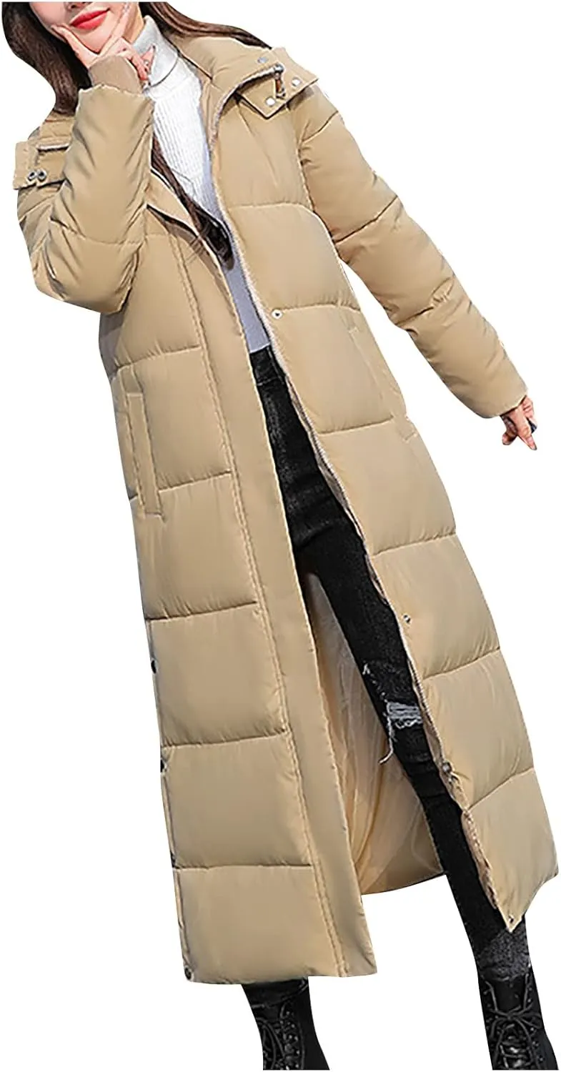 Womens Winter Warm Down Coats Hooded Thicken Elegant Puffer Parkas Maxi Long Zip Jackets Anoraks in Candy Color Multicolor