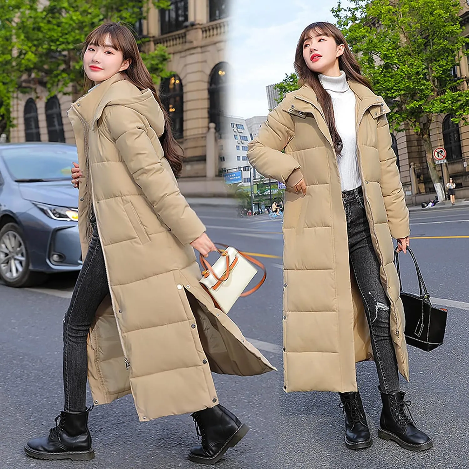 Womens Winter Warm Down Coats Hooded Thicken Elegant Puffer Parkas Maxi Long Zip Jackets Anoraks in Candy Color Multicolor