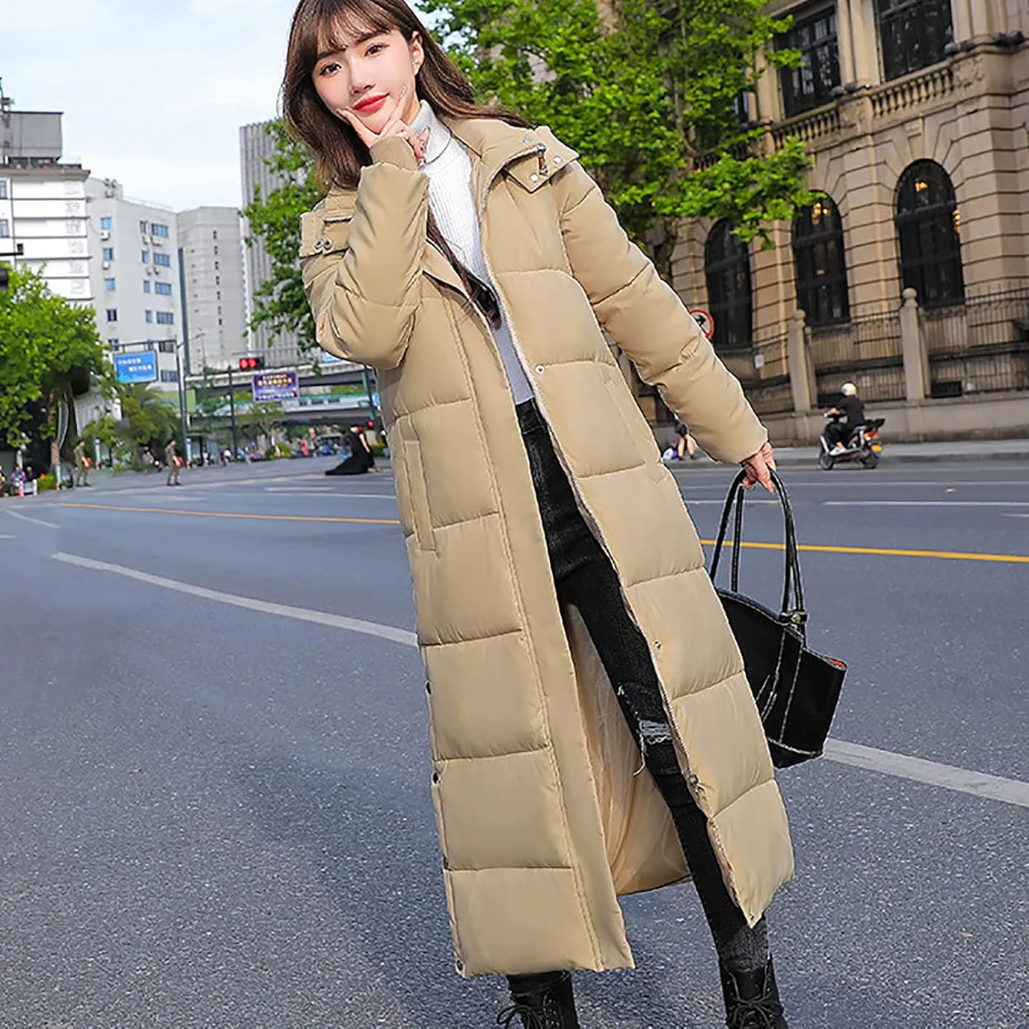 Womens Winter Warm Down Coats Hooded Thicken Elegant Puffer Parkas Maxi Long Zip Jackets Anoraks in Candy Color Multicolor
