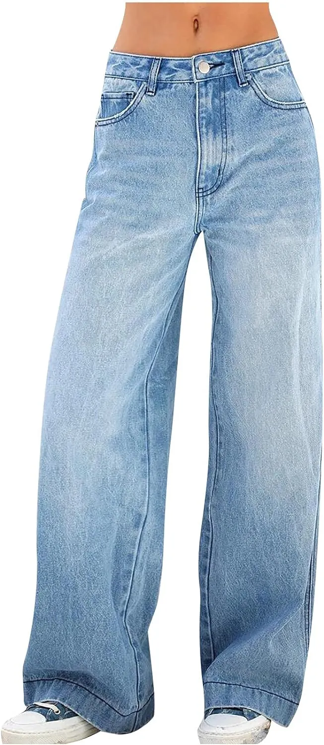 XUNRYAN Jeans for Women High Waist Stretch Pants Casual Wide Leg Denim Pant Lounge Baggy Trousers with Pockets Streetwear