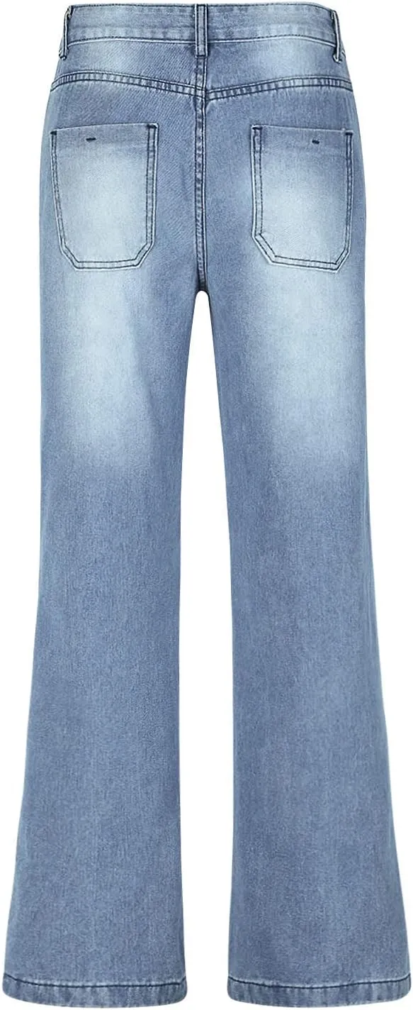 XUNRYAN Jeans for Women High Waist Stretch Pants Casual Wide Leg Denim Pant Lounge Baggy Trousers with Pockets Streetwear