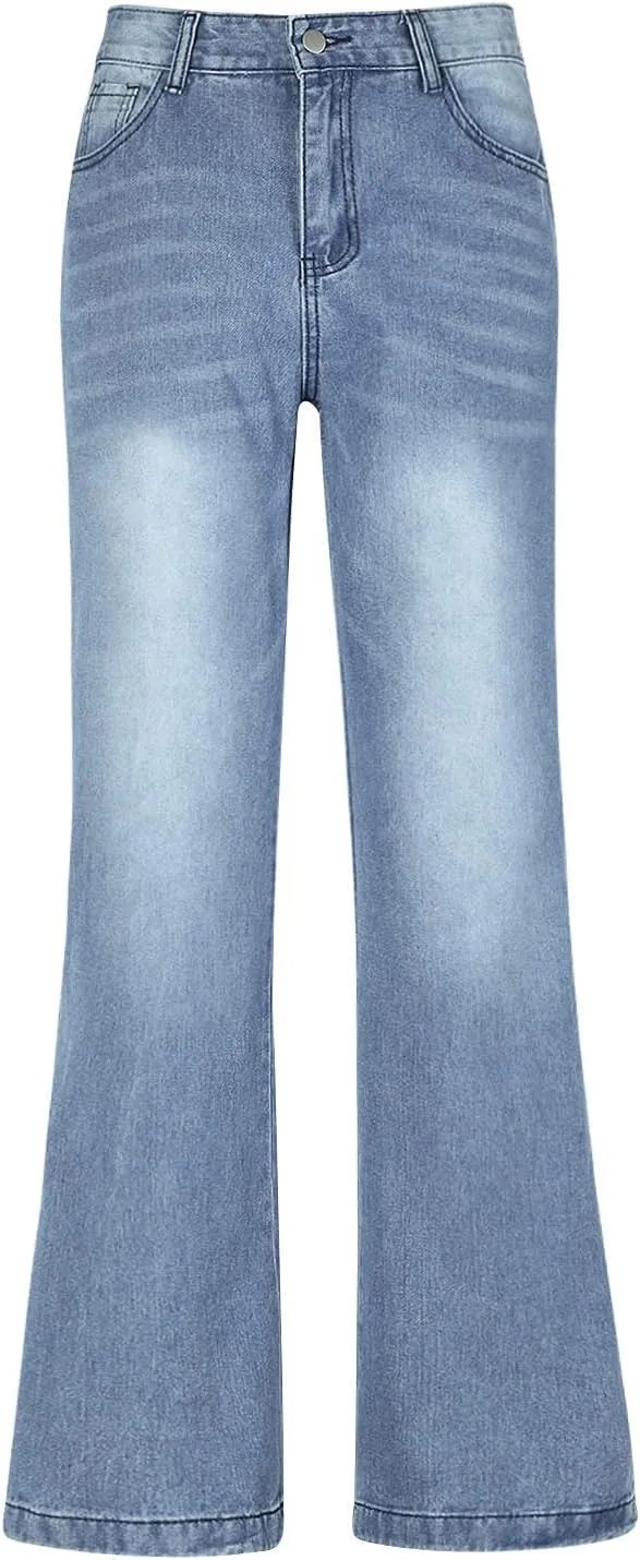 XUNRYAN Jeans for Women High Waist Stretch Pants Casual Wide Leg Denim Pant Lounge Baggy Trousers with Pockets Streetwear