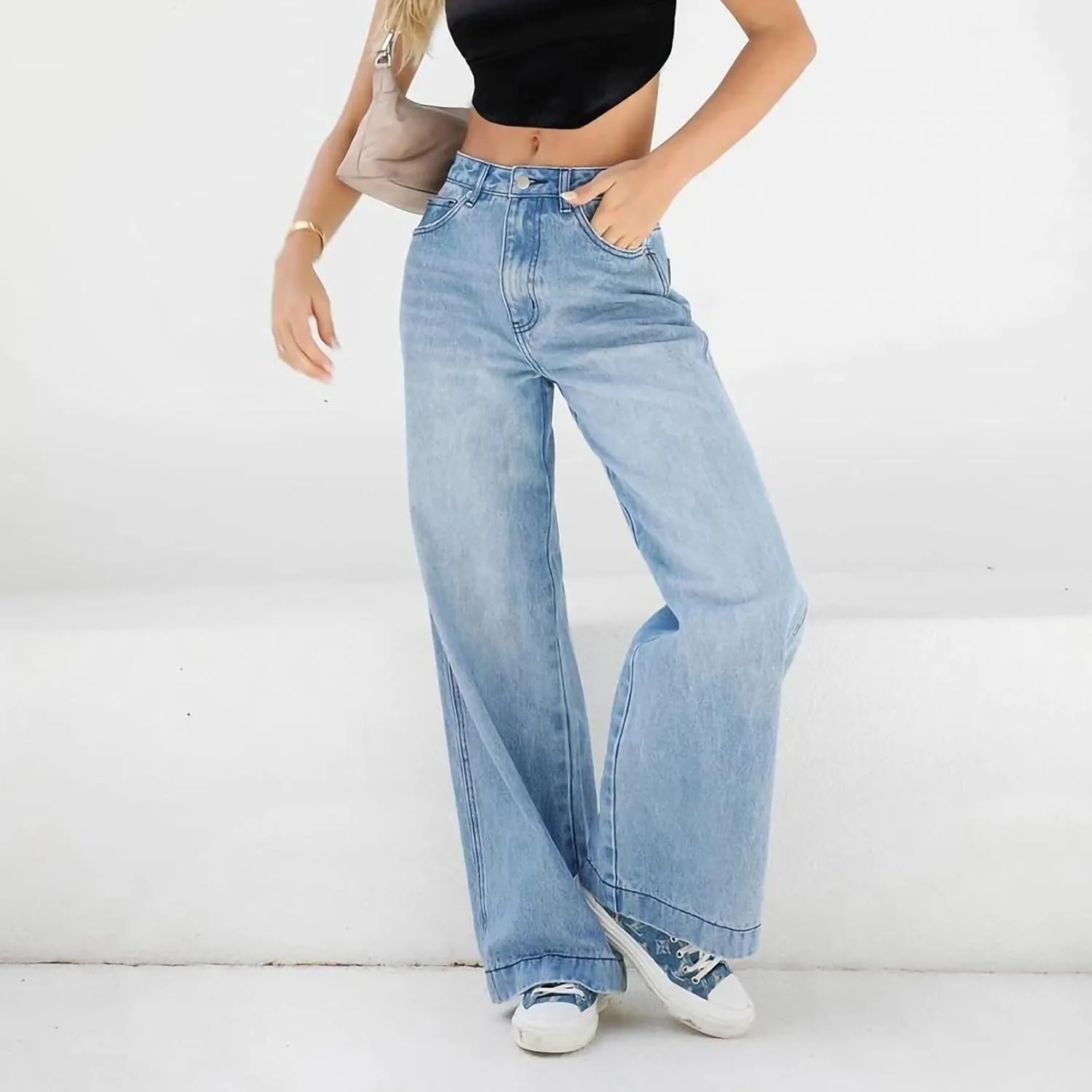 XUNRYAN Jeans for Women High Waist Stretch Pants Casual Wide Leg Denim Pant Lounge Baggy Trousers with Pockets Streetwear