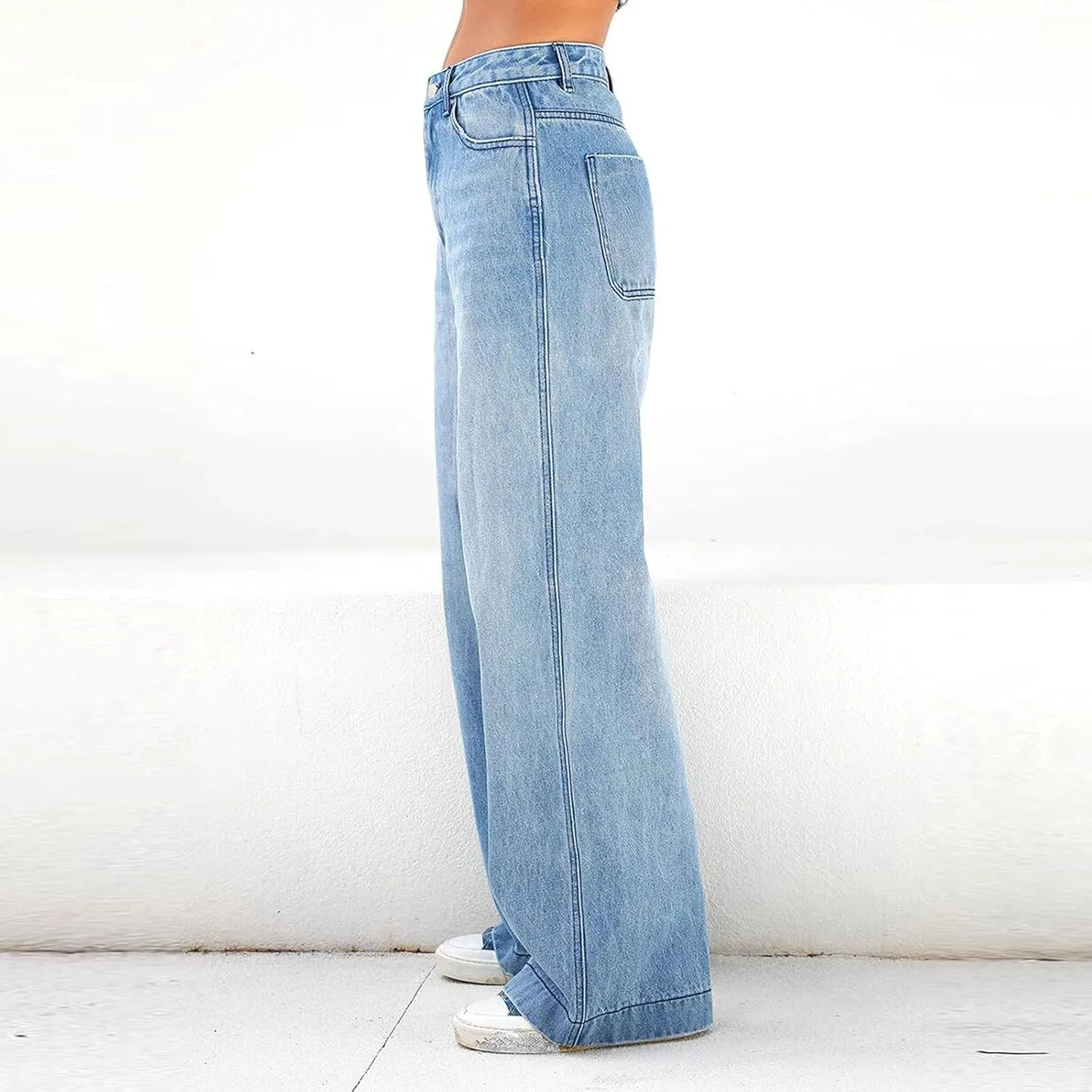 XUNRYAN Jeans for Women High Waist Stretch Pants Casual Wide Leg Denim Pant Lounge Baggy Trousers with Pockets Streetwear