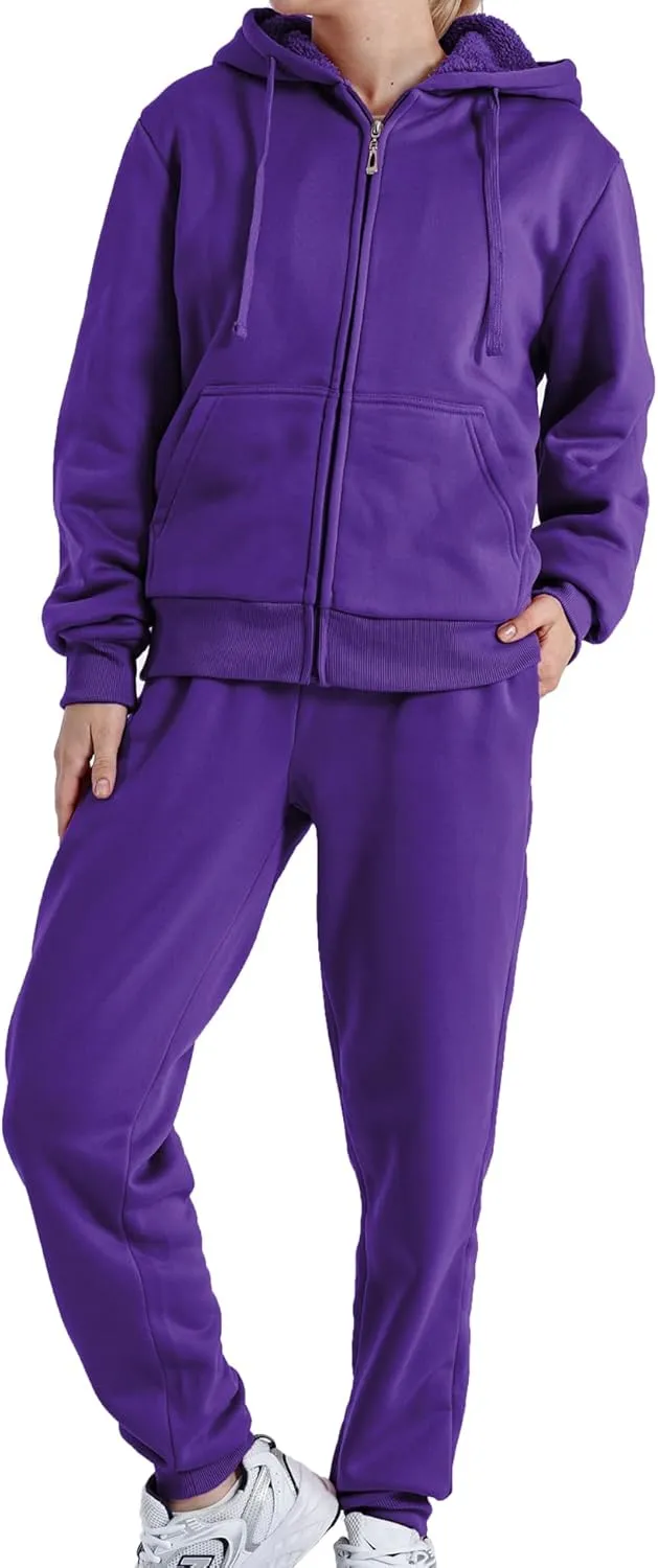 Yasumond Womens Two Piece Tracksuit Sherpa Lined Sweatsuit Lounge Hoodie Sweatshirt and Sweatpants Jogger Outfits Set
