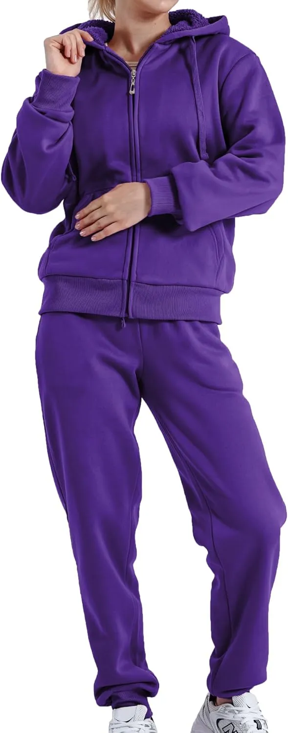 Yasumond Womens Two Piece Tracksuit Sherpa Lined Sweatsuit Lounge Hoodie Sweatshirt and Sweatpants Jogger Outfits Set