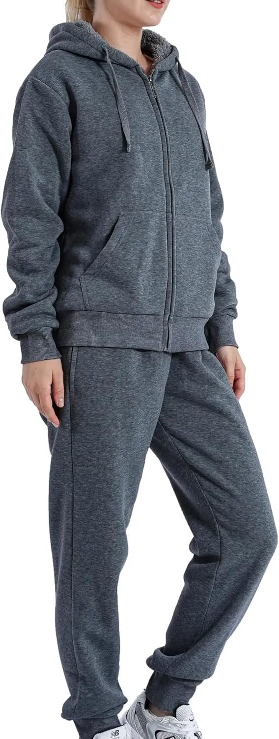 Yasumond Womens Two Piece Tracksuit Sherpa Lined Sweatsuit Lounge Hoodie Sweatshirt and Sweatpants Jogger Outfits Set