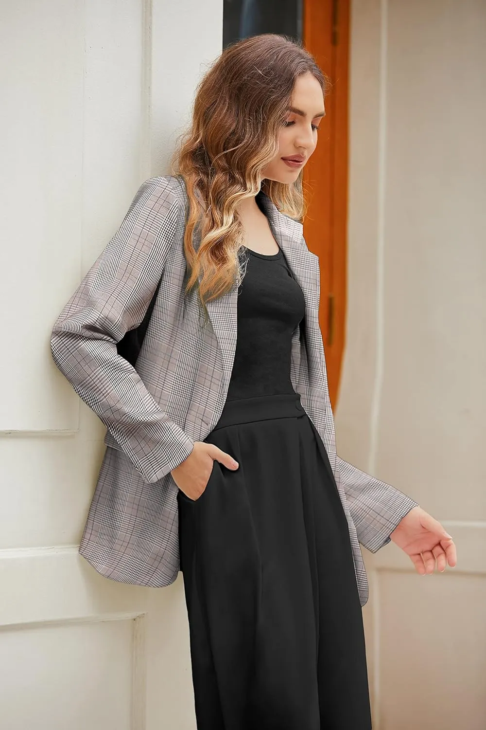 Zeagoo Womens Casual Blazers Pockets Long Sleeve Open Front Work Office Jackets Lapel Button Long Blazer Suit for Bussiness