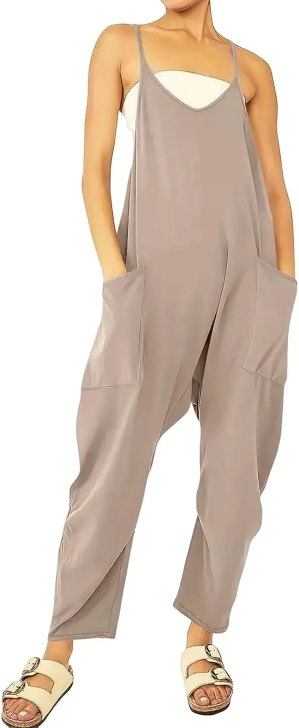 ZWRXW One Piece Jumpsuits for Women V Neck Sleeveless Jumpsuits Spaghetti Straps Harem Long Pants Romper Overalls with Pocket